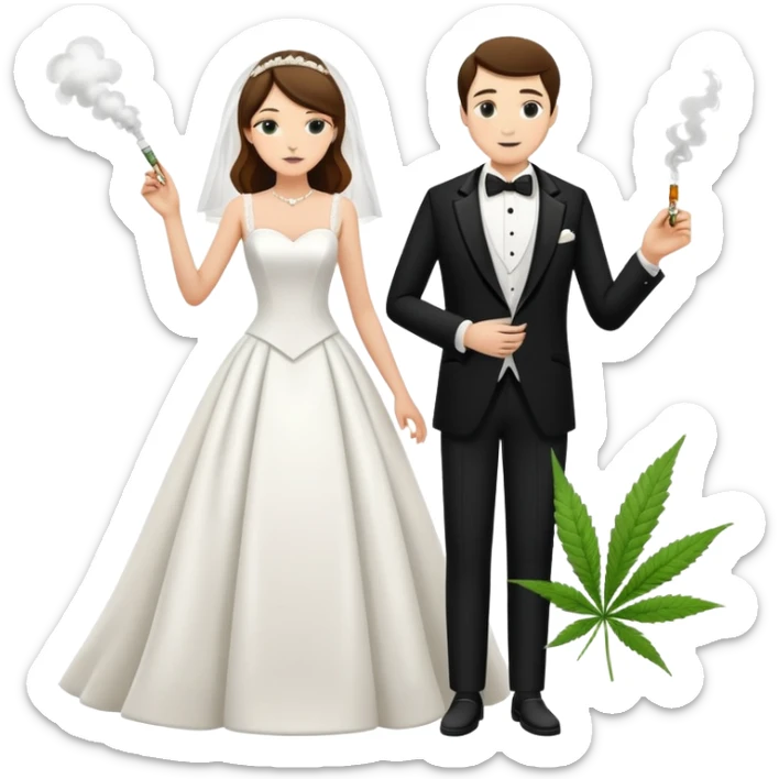 A bride in white wedding dress and groom in tuxedo, full body, smoking cannabis, side by side sticker