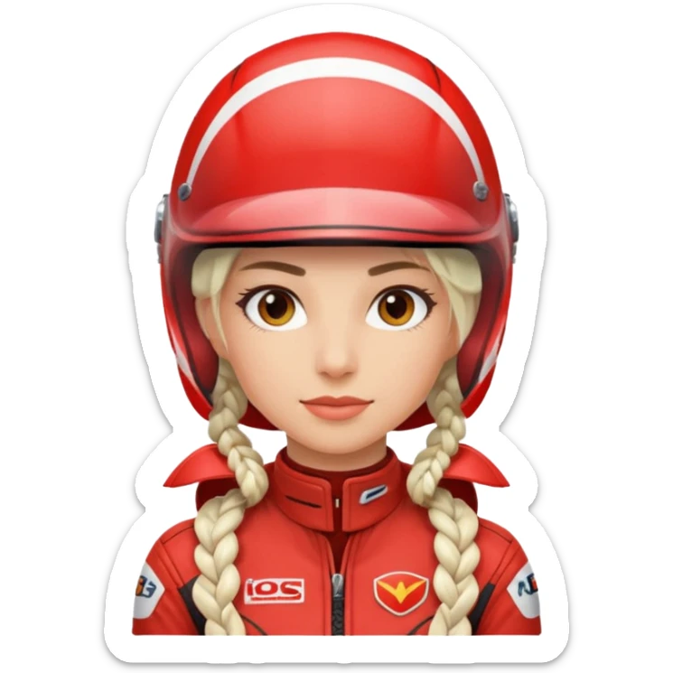 woman with white braided hair in red racer helmet sticker