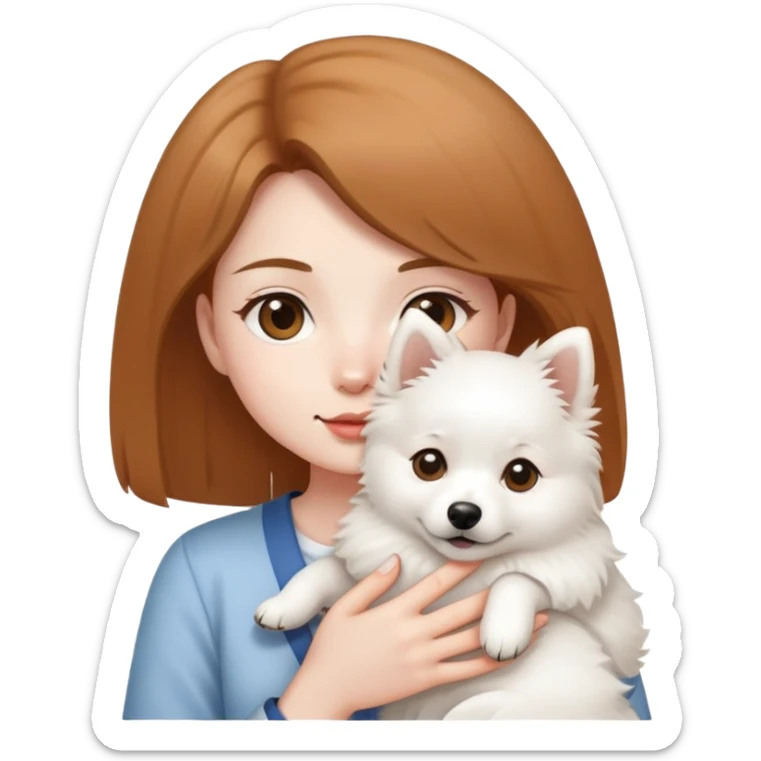 light brown hair girl with pale skin holding a Japanese spitz dog sticker