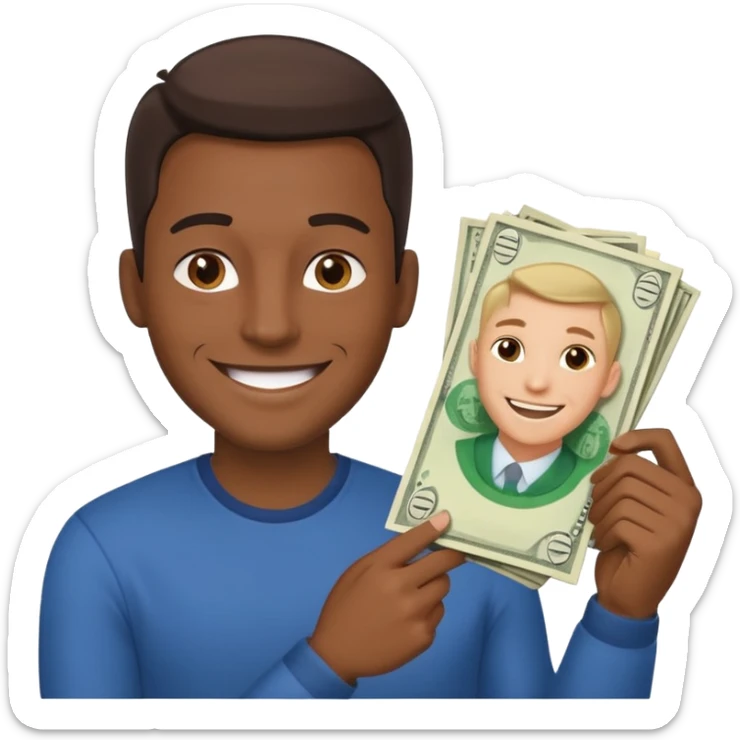 Create a photorealistic emoji of a happy man holding money. 4 different options sticker