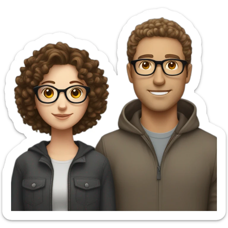 couple consisting of a white girl with round silver glasses and really short brown curly hair, taller white man with brown round glasses and short curly brown hair sticker