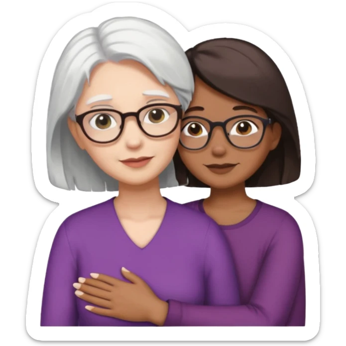 Abrazo de Madre con pelo blanco y gafas y hija con pelo morena sticker