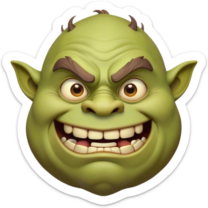 Cinematic Comical Ogre Portrait Emoji, with a strikingly exaggerated, bulky figure in vivid earthy greens and browns, head tilted in a dramatically surprised expression with wide, comically bulging eyes and a goofy, oversized grin, simplified yet hilariously exaggerated, highly detailed with a soft, cartoonish glowing outline capturing the playful absurdity of a meme-worthy ogre! sticker