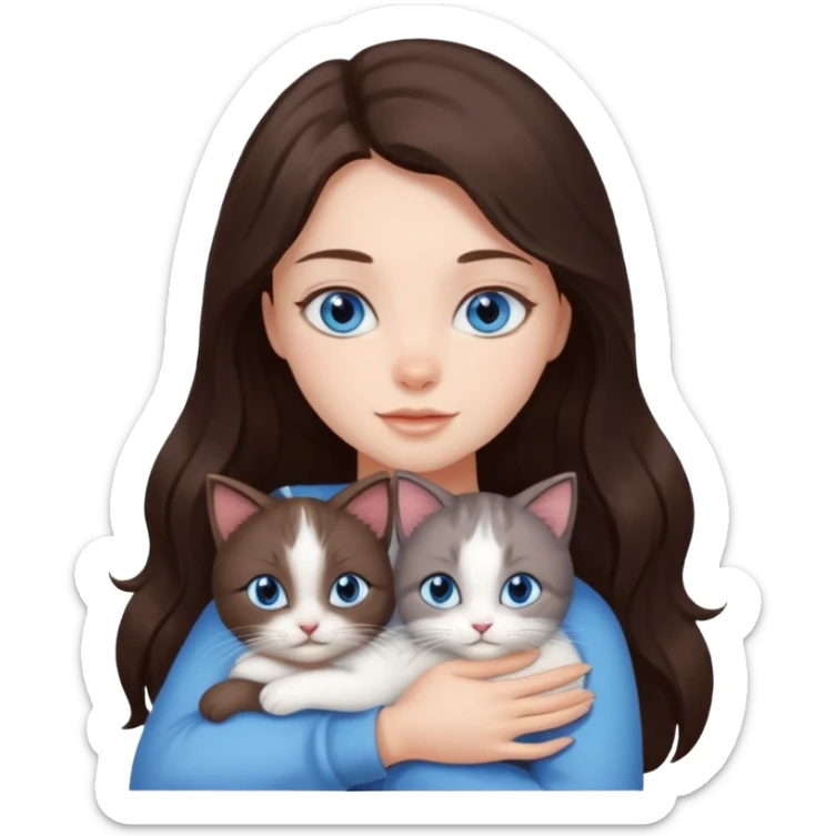 a pretty girl with long dark 
brown hair, with blue eyes, hugs 3 different natural coloured small cats sticker