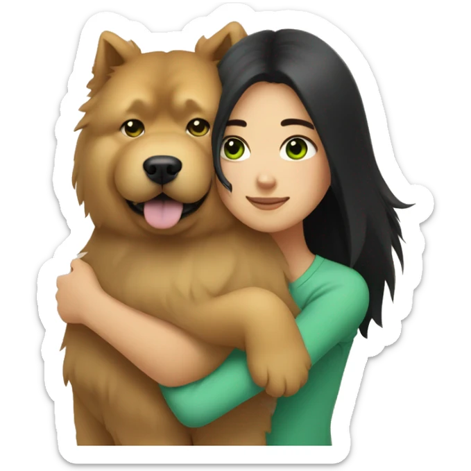 girl with long black hair and green eyes hugging a chow chow dog sticker