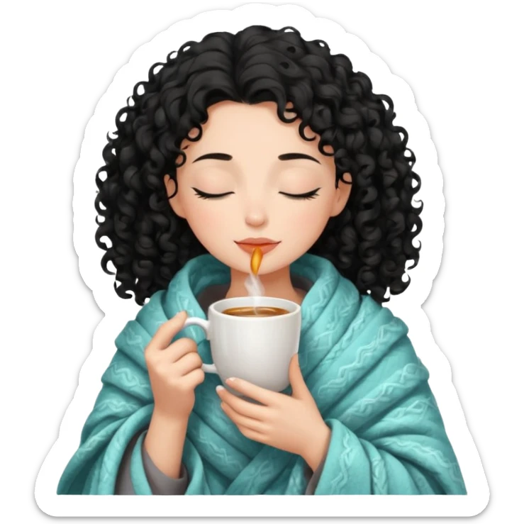 Gözleri kapalı, beyaz tenli ve kıvırcık siyah saçlı saç boyu orta omuzlarında bir kadın avatar, battaniyeye sarılmış halde beyaz bir Türk kahvesi fincanından içeceğini huzurla yudumluyor. sticker