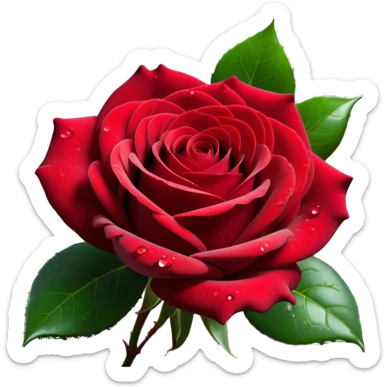 Cinematic Realistic Rose Emoji, Elegant and full of grace, with velvety, deep red petals unfurling in a perfect bloom, dew drops glistening on the soft edges, and a faint fragrance hanging in the air. The lush green leaves surround the stem, creating a vibrant contrast to the rich color of the petals. Soft glowing outline, capturing the essence of timeless beauty and romance in a single bloom. sticker