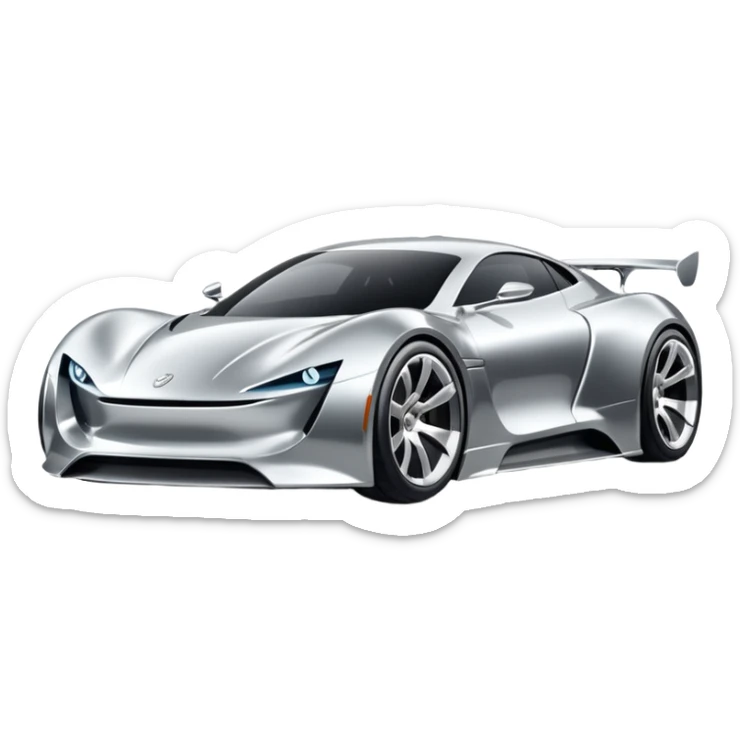 A low-profile futuristic car emoji made of polished silver chrome, wide body stance, smooth aerodynamic shape, glossy metallic surface, soft reflections, luxury swag aesthetic, minimal details, iOS emoji style, centered on clean white background, studio lighting sticker