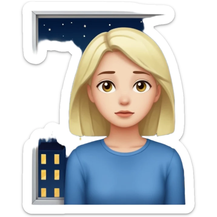 young woman gazing out a window at night, city lights outside, feeling lonely sticker