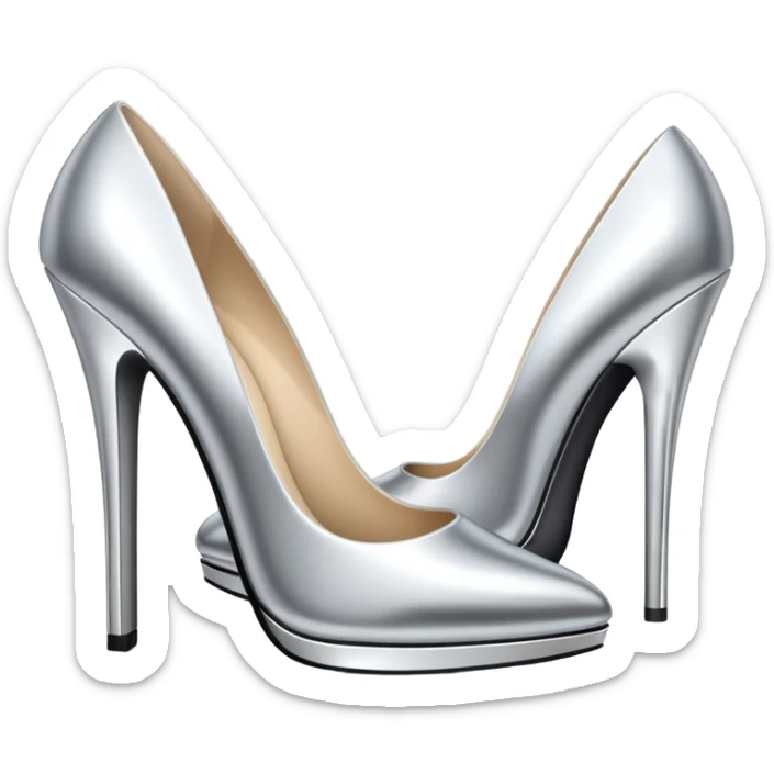 A pair of high heel shoes emoji made of polished silver chrome, elegant sharp silhouette, smooth metallic surface, glossy reflections, luxury sexy vibe, minimalistic iOS emoji style, centered, clean white background sticker