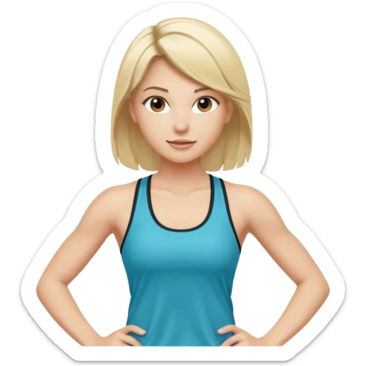 fitness trainer girl with loose neat blonde hair with visible dark roots, wearing athletic tank top, energetic and sporty sticker
