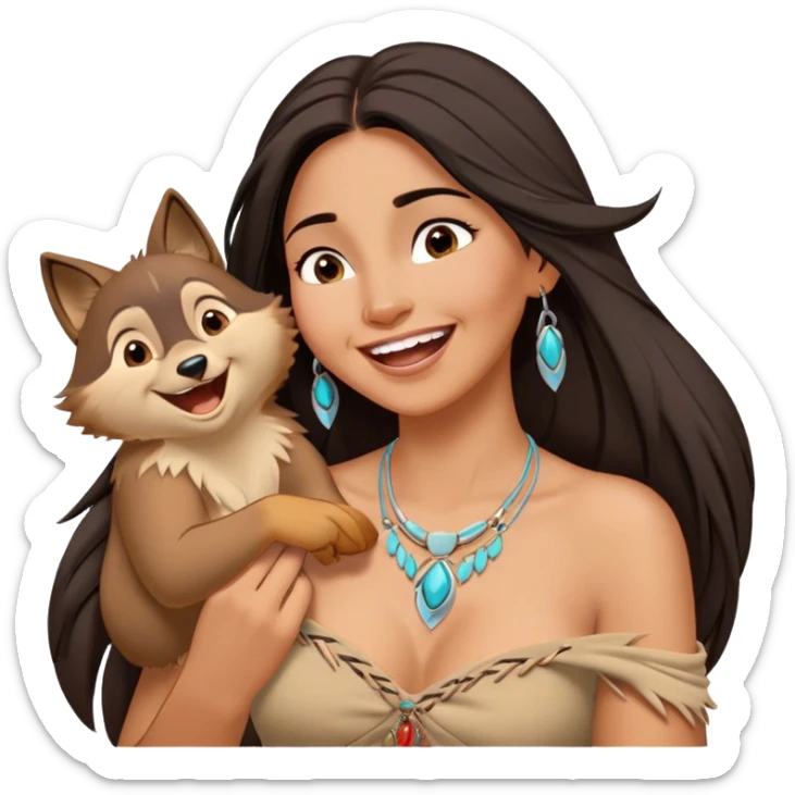 Cinematic Adorable Pocahontas Portrait Emoji, Laughing softly as Meeko tugs at her necklace, hair tousled in the wind, eyes full of warmth, a carefree spirit shining through, capturing the essence of beauty and playfulness! sticker