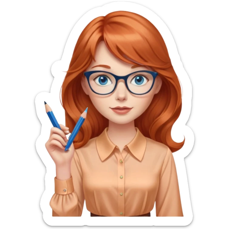 redheaded woman with very long wavy hair and bangs, blue eyes, clear cat-eye glasses, apricot silk blouse, pencil skirt, holding a pencil sticker