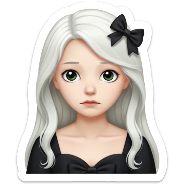white long hair girl with black bow on her hair wearing black gown with a sad face sticker