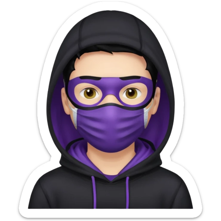 white man with black hair and black hoodie violett face mask thats covering the eyes sticker