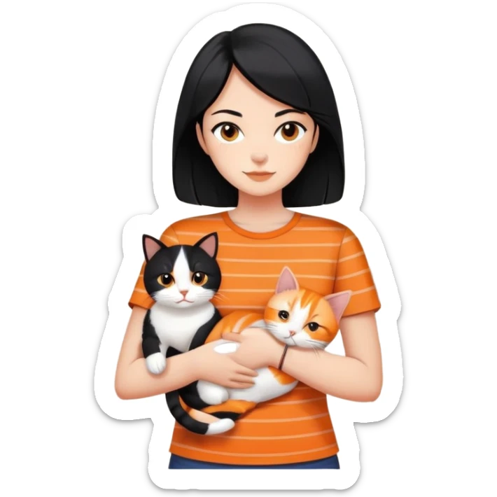Shoulder length, black hair woman wearing short sleeves, holding an orange cat, with a orange cat with stripes, black and white cat and a calico cat surrounding her at home sticker
