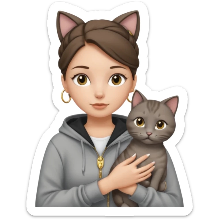 a white girl with brunette hair in a one single bun holding a grey cat. the girl has long lashes and has on a grey zip up that is half way zipped and has a hood and under a white shirt and gold jewelry that is gold bracelets. sticker