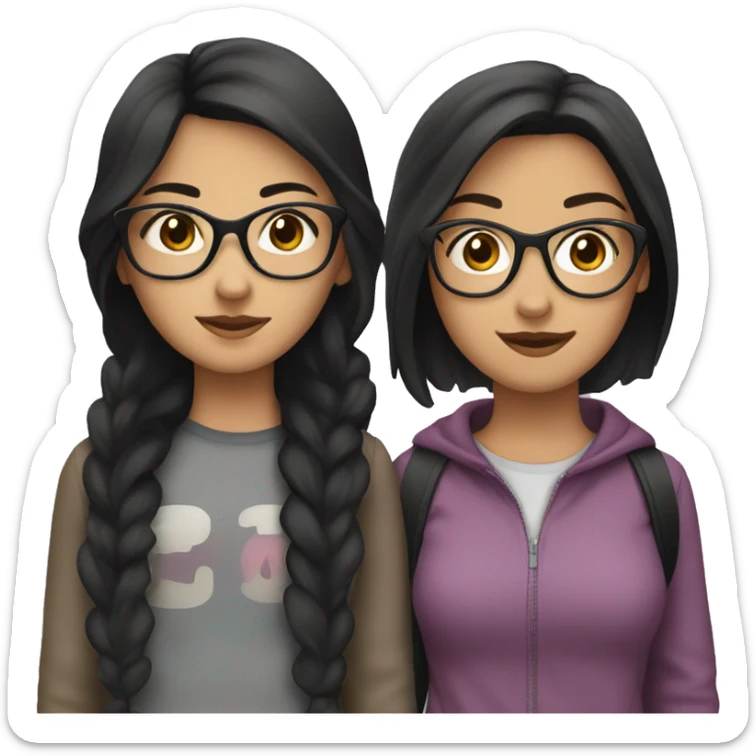 Two teenage girls one with black hair and the other one with brown hair and black glasses sticker