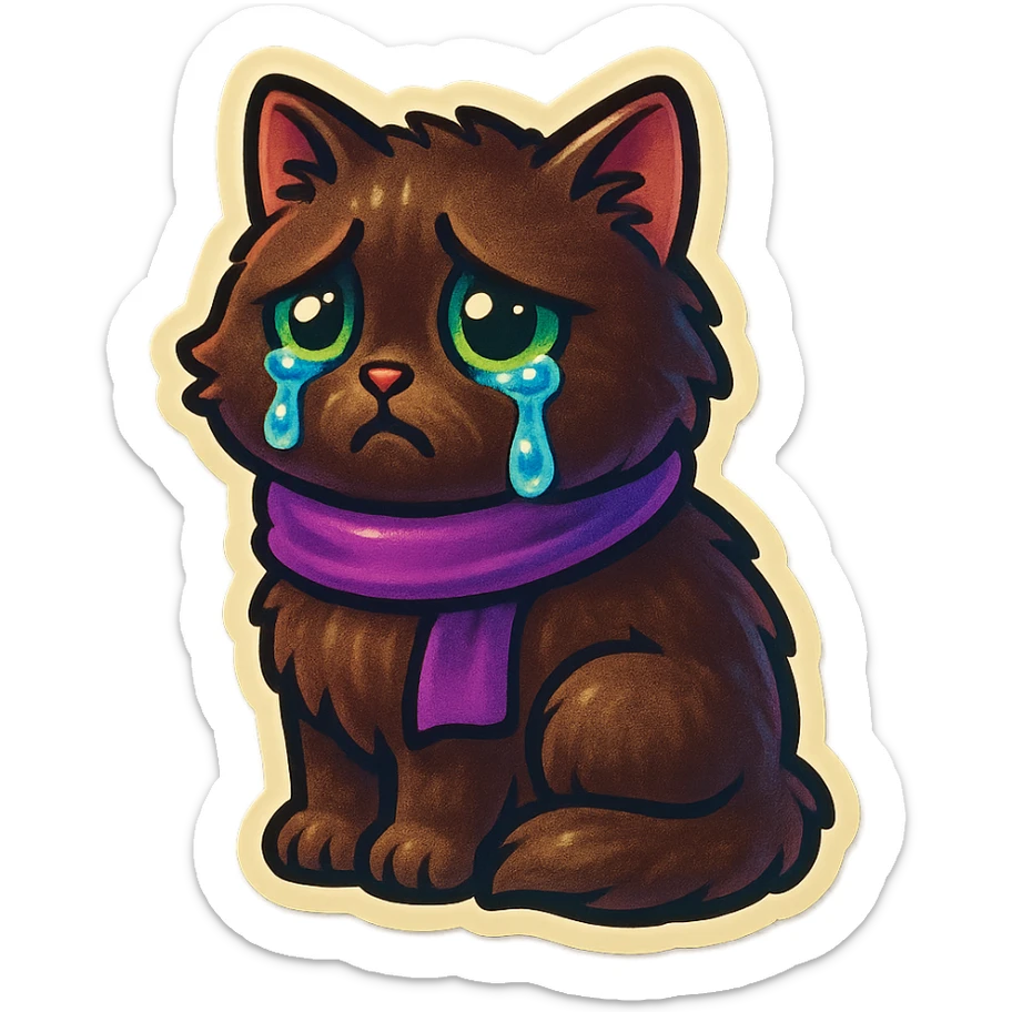 Fluffy sad crying cute dark-brown cat with green eyes and a purple scarf  sticker