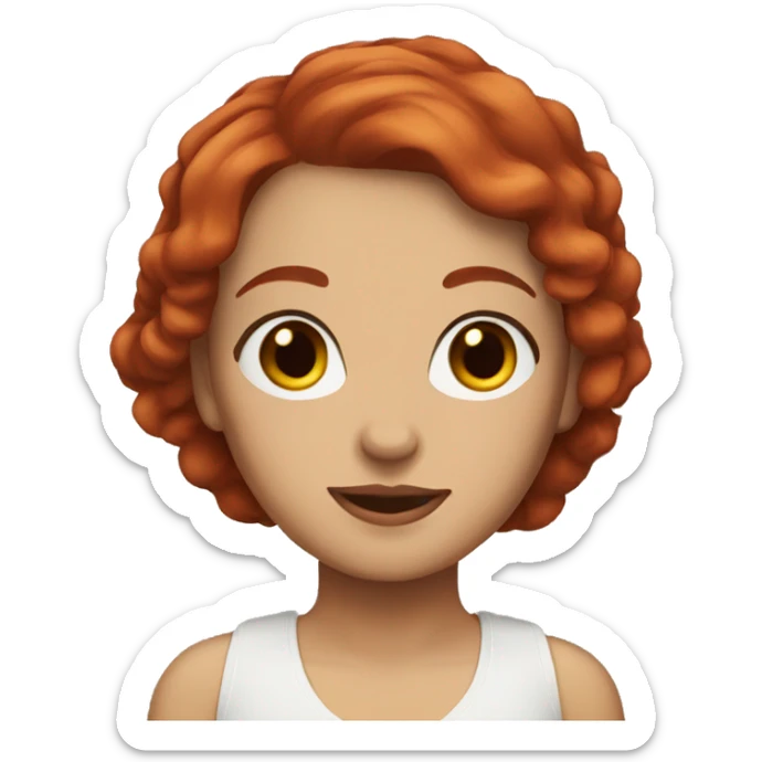 A short-haired woman with red hair, with brown eyes, with regdoll sticker