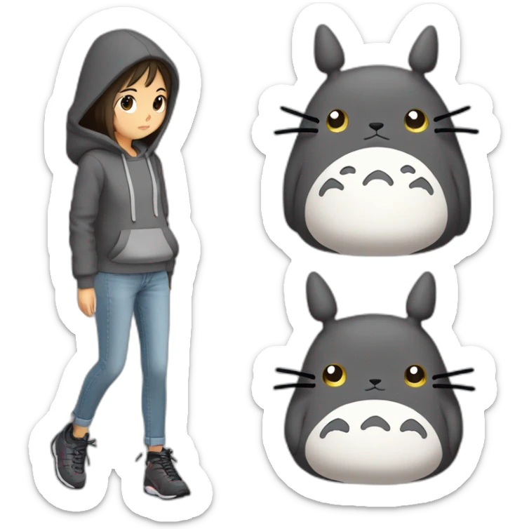 Fille Brune avec un sweat-capuche Totoro gris foncé avec les rond clair de Totoro sur ventre  sticker