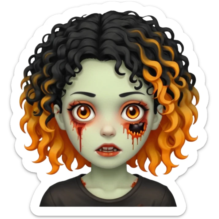 Faça uma garota zumbi de cabelo cacheado preto e uma mecha descolorida meio alaranjada do lado esquerdo sticker