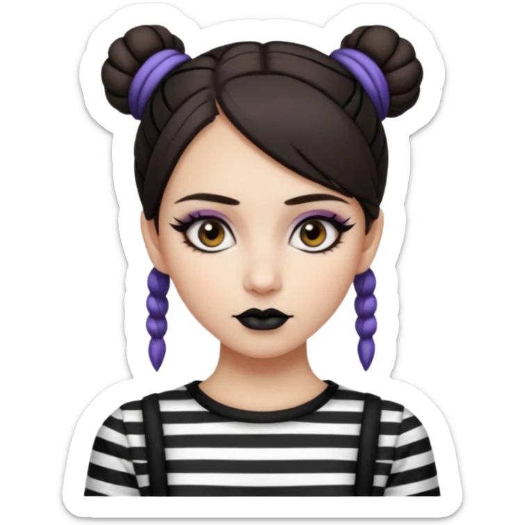 generate a pretty fair bratz girl with dark brown eyes. Dark brown hair straight hair with coloured highlights tied into buns.  eyeliner. black lipstick. Wearing a white and black striped top sticker