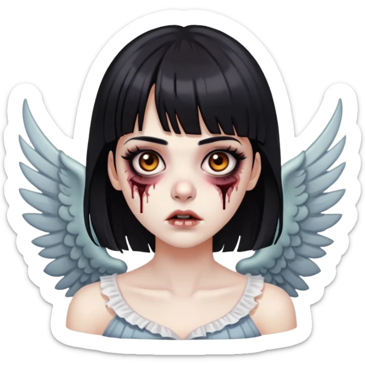 Garota zumbi com olhos castanhos e cabelo preto com franja na testa. Cílios compridos e delineador puxadinho. sticker