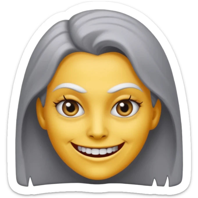 woman with gray skin and white blank eyes and a scary smile sticker