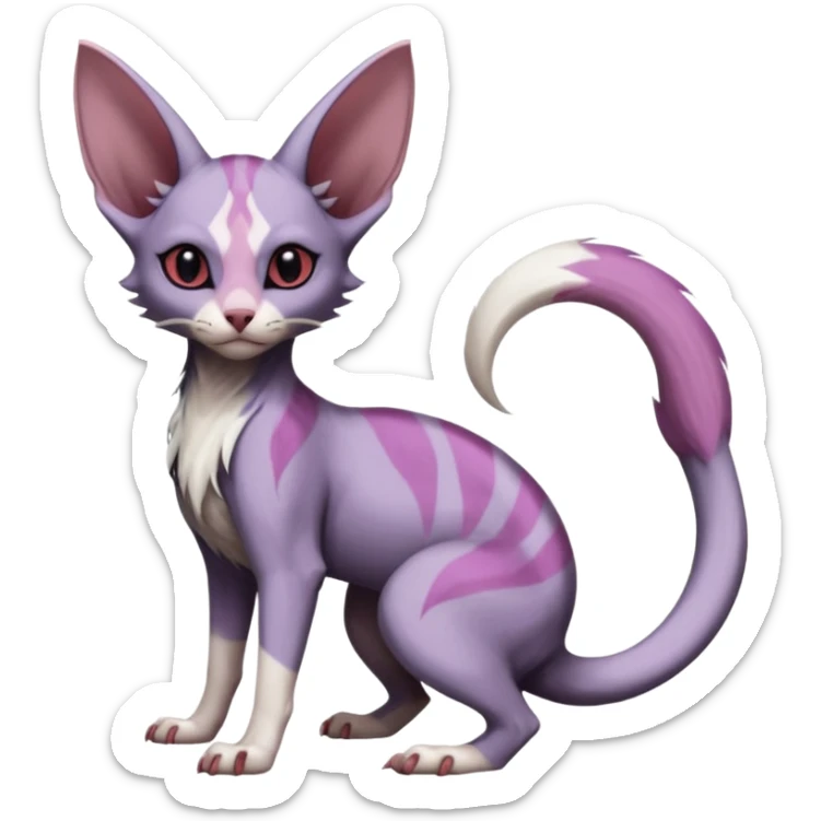 Furry, Purple, white, black, Minccino-Sphynx-Lykoi-Linoone-Zangoose-fusion-hybrid-animal-Fakémon-creature, full body, thin long sleek scaly tail, intricate markings sticker