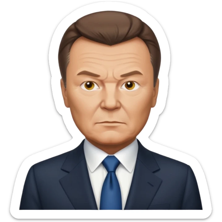 realistic emoji-style portrait of Viktor Yanukovych, Ukrainian ex-president, with recognizable facial features, formal suit, serious expression, iPhone emoji style sticker