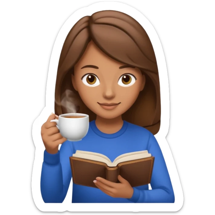 girl reading a book and drinking tea, memoji iphone style, relaxed and happy sticker