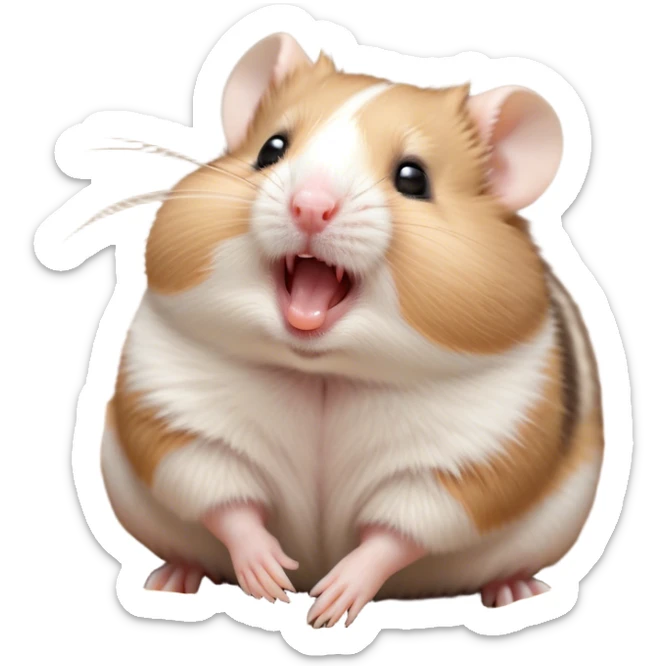 Cinematic Cute Yawning Brown and White Banded Hamster Portrait Emoji, Head tilted slightly with a dramatic, wide-open yawn, revealing a soft, banded fur of brown and white with tiny droopy ears, round dark eyes barely open in drowsy contentment, Simplified yet irresistibly adorable features, highly detailed, glowing with a soft, cozy glow, high shine, relaxed yet expressive, stylized with a touch of whimsy, bright and endearing, soft glowing outline, capturing the essence of a sleepy yet affectionate hamster, so drowsy it feels like it could stretch out of the screen and curl up for a nap! sticker