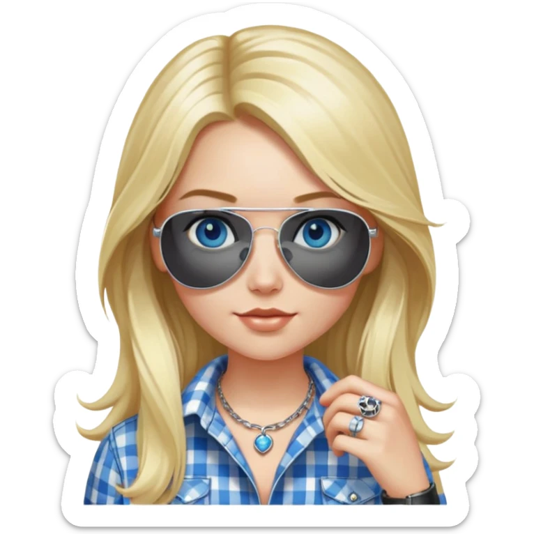 girl with long blond hair, wearing black and white plaid shirt with blue eyes and aviator sunglasses wearing a ring on her silver necklace sticker