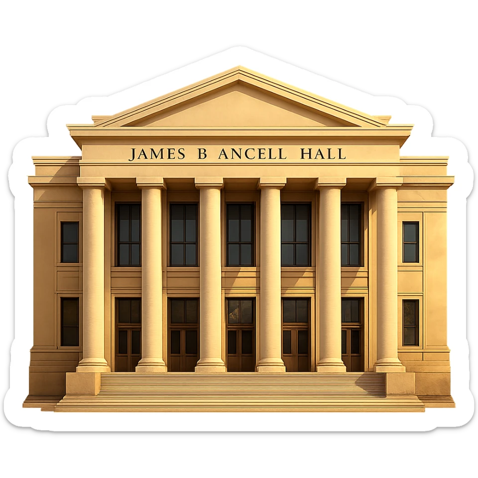 cinematic, realistic emoji of James B. Angell Hall at the University of Michigan in Ann Arbor, straight-on perspective, featuring its iconic neoclassical architecture with tall columns, lifelike detail, bright regal lighting as on a sunny day, accurate building colors, transparent background sticker