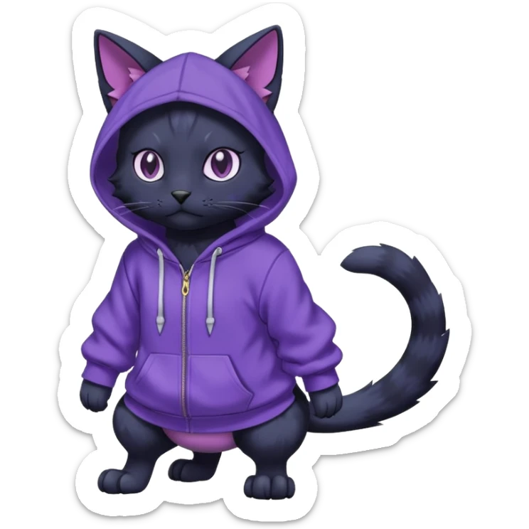 Black cat-garurumon-purloin-feline-Fakemon-Digimon-creature wearing a violet hoodie fursona (full body)  sticker