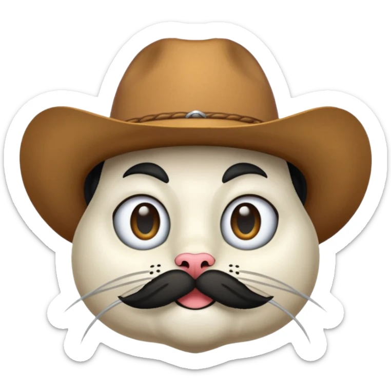 combine the cowboy empjis with a bclack cat emoji and make it have a black thick moustache over the cat wiskers sticker