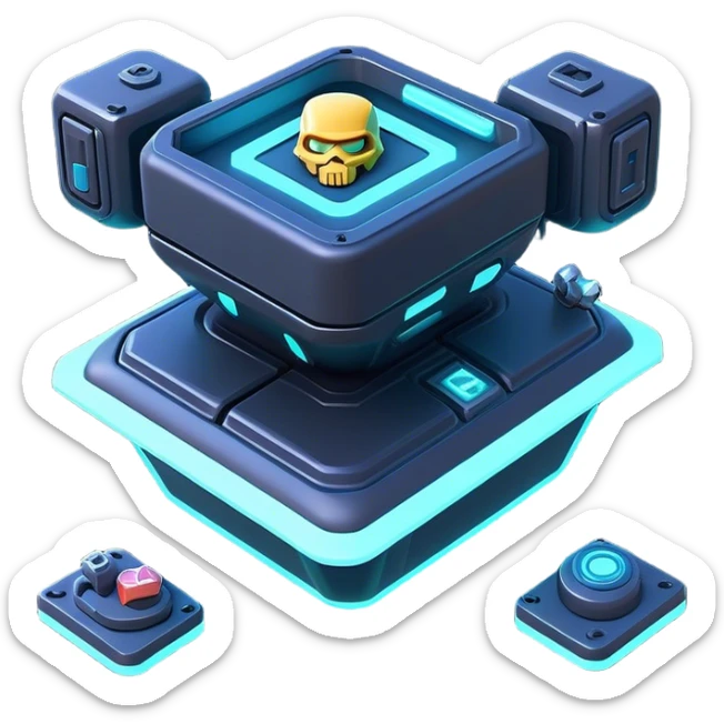 Clash of Clans aesthetic: Cinematic Playful 3D Isometric Sci-Fi Console Emoji, rendered in a 3D vector-style similar to standard emojis with minimal shading and bold, simplified shapes. A compact, distinct form with signature details, softly glowing with a futuristic sci-fi warfare charm. Simplified yet unmistakably iconic, highly detailed and consistent, glowing with a soft radiance and high shine. Stylized with a touch of high-tech brilliance and a soft glowing outline, capturing the essence of a beloved gaming relic with a friendly, playful manner! sticker