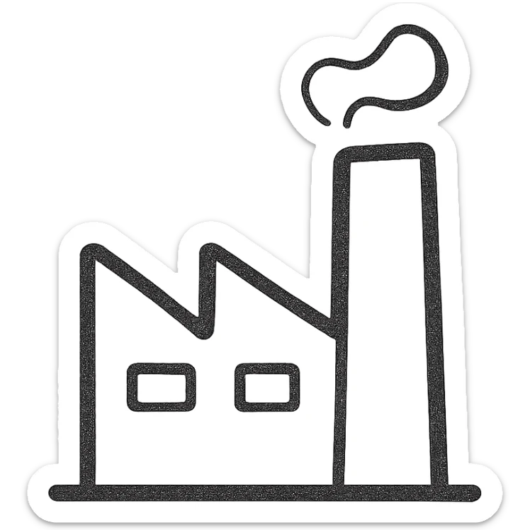 A minimalist line drawing of a factory with clean, simple lines and a monochromatic color scheme. The factory should have a modern and sleek design, focusing on the essential structures without additional details. sticker