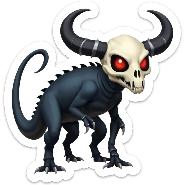 Shiny Dark Edgy  Duskull-Salandit-Inteleon-Amaura-Fakémon-hybrid-creature (full body) with a horned animal-skull-mask sticker