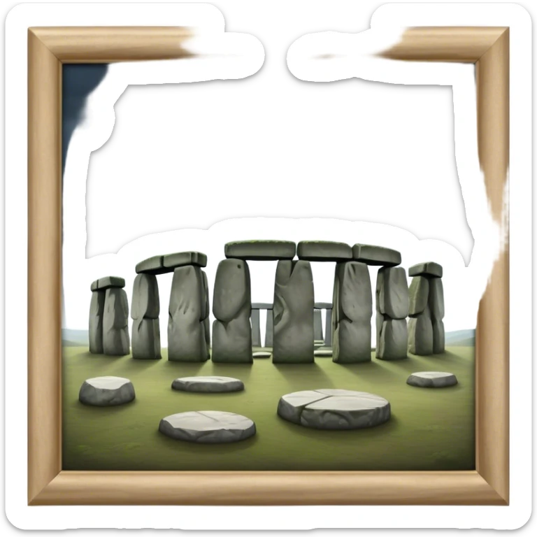 Cinematic Realistic Stonehenge Landscape Emoji, depicted with ancient, mysterious stone circles set against a moody sky, rendered with atmospheric lighting and detailed textures that evoke its prehistoric allure. sticker