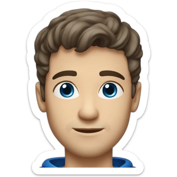 blue eyed, good looking Caucasian, athletic male with dark brown clean cut hair, wearing a blue sweatshirt sticker