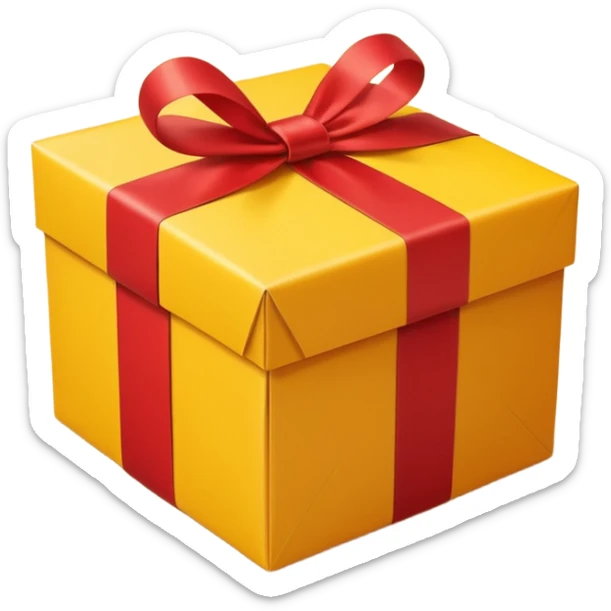 box with yellow wrapping paper and a length of red ribbon surrounding it on the ground so you can see most of the box sticker