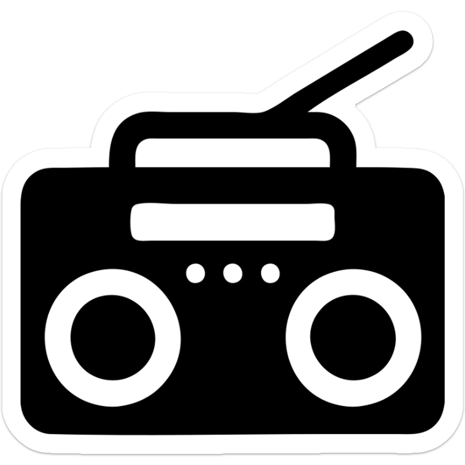 A boombox in a black filled icon style, with a radio antenna. sticker