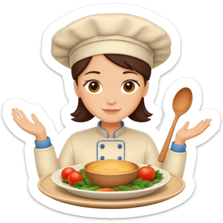 Home cooking avatar in clean emoji-style illustration. Homemade dishes on a plate, warm cozy colors, simple shapes, flat design, high contrast, friendly and inviting. sticker