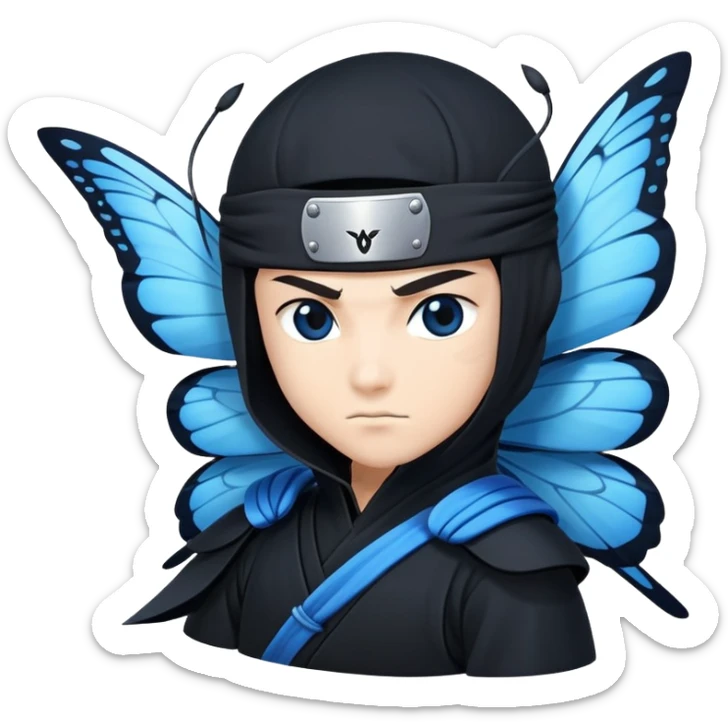 Crea un emoji para usar en WhatsApp con estos dos emoji 🥷🏻🦋.
Ninja vestido de negro con la piel blanca con una mariposa azul posada en el hombro como si estuviera volando. sticker