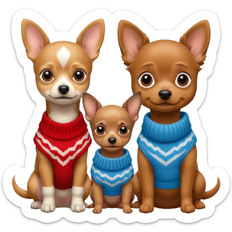 Cagnolini piccoli seduti un chiuaua un Bassotto e un Yorkshire con vestitini in maglia sticker