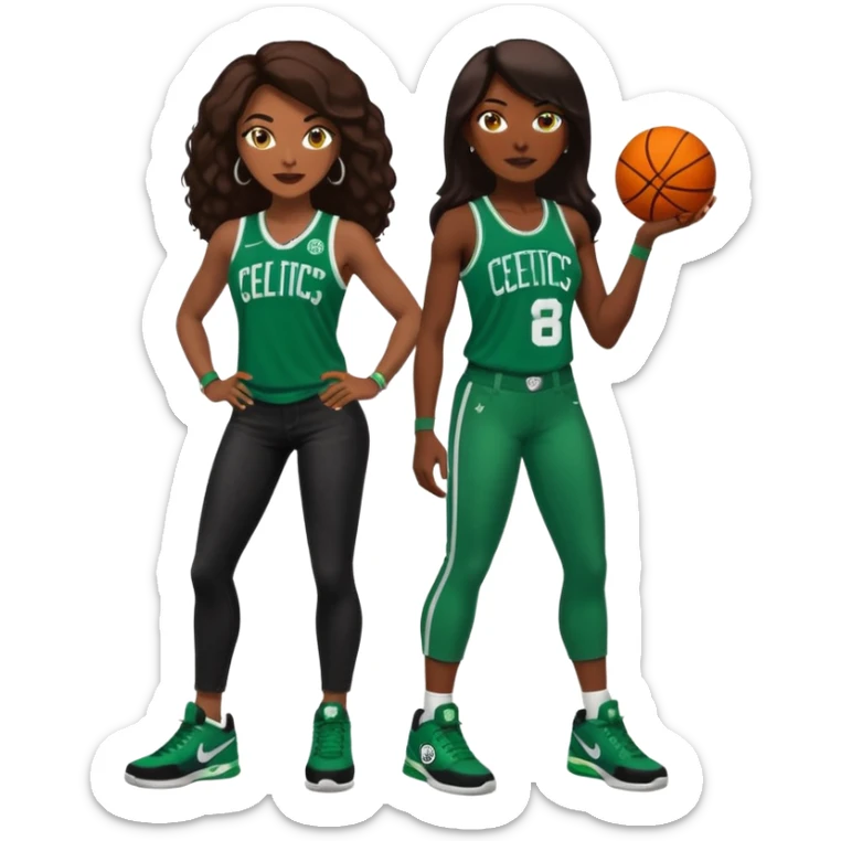 48-year-old dark skin black woman with brown eyes, long dark brown hair dressed in sexy Boston 
celtics outfit & wearing stilettos. A White bald white man with orange beard & facial hair. He has blue eyes, is wearing a Jason Tatum Boston Celtics Jersey, jeans & green Nike sneakers  sticker