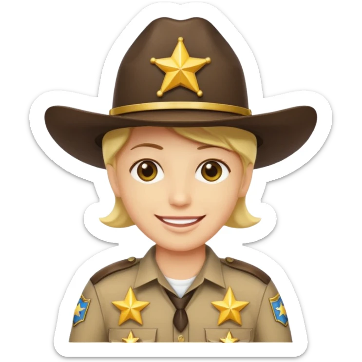 Generate me a yellow-skinned person from Apple's emoji, and make him wear a realistic sheriff's uniform from the United States, but please only add two stars to the uniform, one on the hat and the other on the shirt. sticker