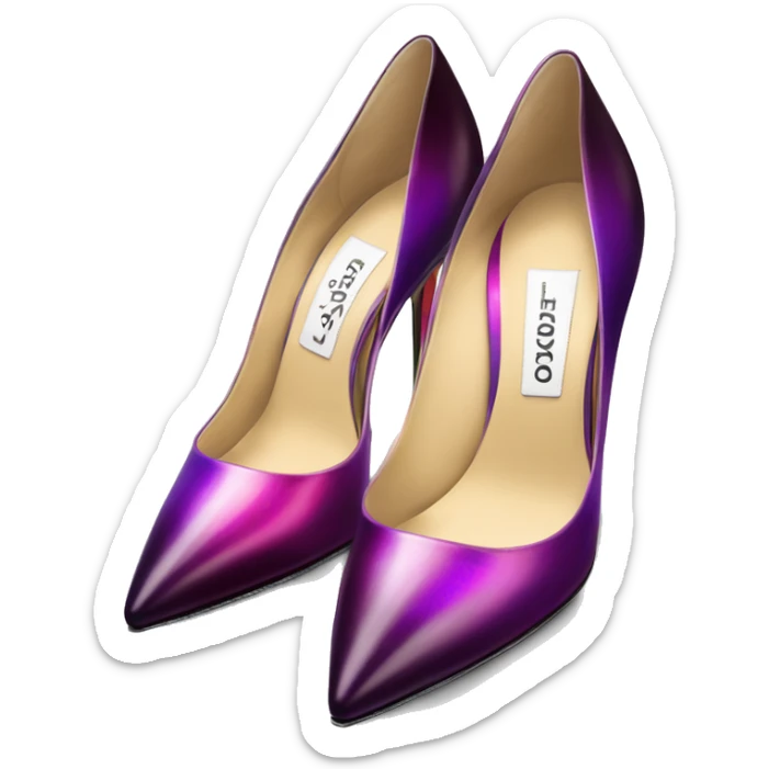 Real isolated top view of a pair of metallic magenta to dark purple ombre Jimmy Choo stiletto high heel shoes.  sticker